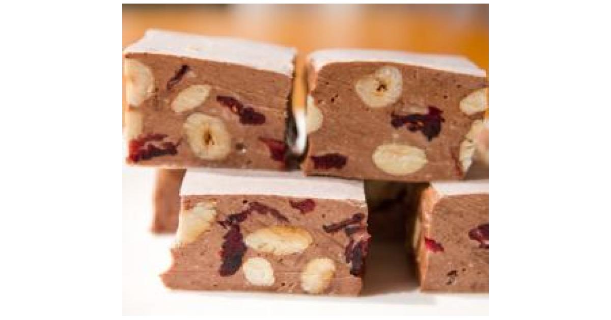 Chochazelnut and sour cherry nougat by Erica Noble. A Thermomix