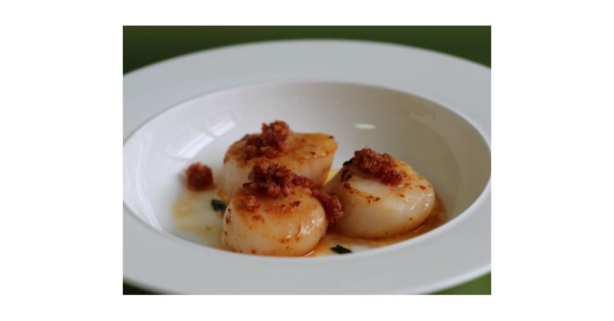Seared scallops with Truffle Ponzu, pancetta dust and a kaffir lime