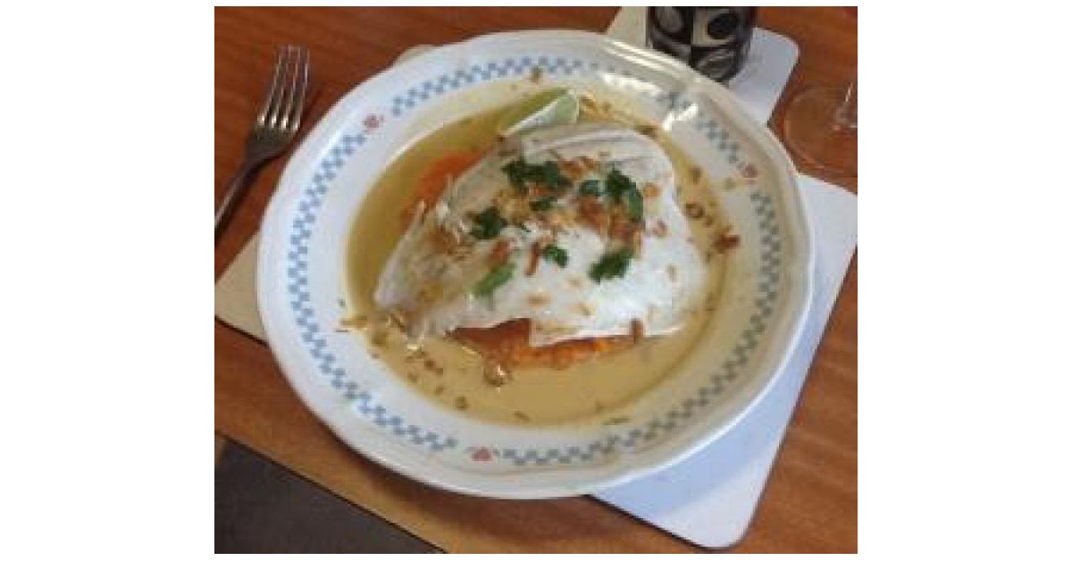 Steamed Barramundi with Thai Coconut Sauce and Ginger Sweet Potato Mash by Pam Moffat. A