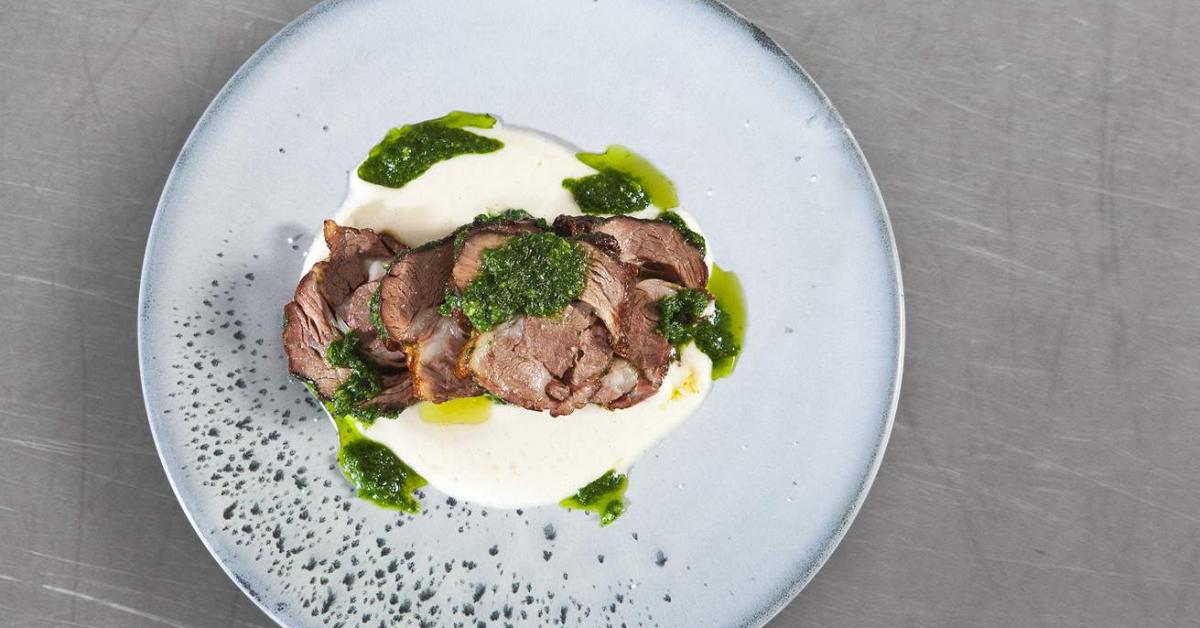 Slowcooked lamb shoulder with gremolata and turnip and vanilla purée