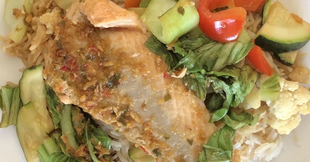 Variation Ginger and Soy Glazed Salmon with Bok Choy and Coconut Rice