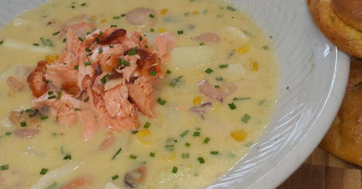 seafood & corn chowder with curried choux dunkers by my gem. A