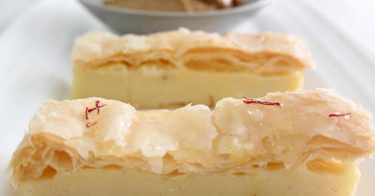 Classic Galaktoboureko, liquorice icecream, krokos syrup by Calombaris. A Thermomix